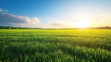 Fototapeta premium Sunset over a green field, idyllic rural landscape, perfect for travel brochures