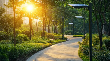 Obraz premium Serene Sunrise Stroll: A picturesque pathway winds through a lush, sun-drenched park, solar lamps lining the way, creating a tranquil and inviting atmosphere.