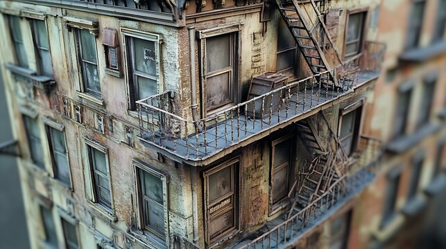 A four-dimensional tenement house, featuring intricate facade textures, captured in a raw, hyperrealistic style