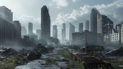 A futuristic dystopian city skyline with crumbling skyscrapers, rusted metal walkways, and industrial debris
