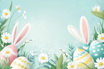 Delightful Easter eggs nestled amongst daisies and bunny ears in a pastel spring scene