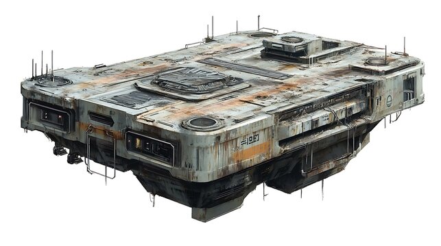 A futuristic skyscraper roof covered in grime, with HVAC systems and vents scattered across the surface, isolated on white