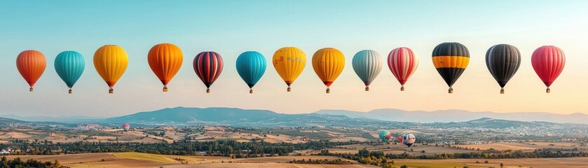 Obraz premium Dozens of Vibrant Multicolored Hot Air Balloons Floating in the Sky Over a Picturesque Countryside Landscape During a Captivating Hot Air Balloon Festival Event