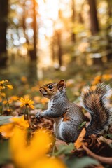 Cute squirrel in Spring field in forest.