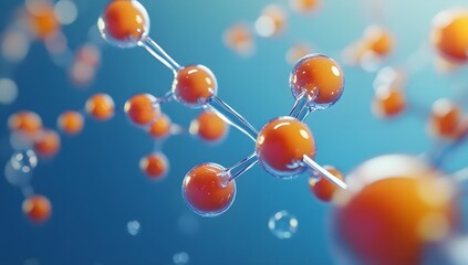 Orange Molecules in Motion on Blue Background