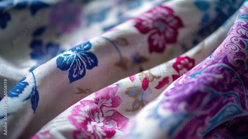 Aufkleber Close up view of colorful patterned fabrics featuring floral designs perfect for textile projects or crafting. Generative AI