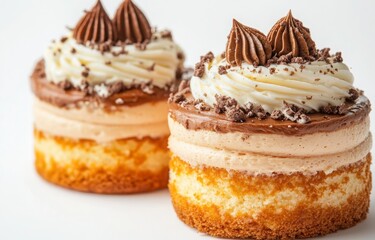 Mini Chocolate Cakes: Two delectable mini cakes, layered with fluffy cream and rich chocolate ganache, topped with chocolate swirls and shavings. A delightful treat for any occasion. 