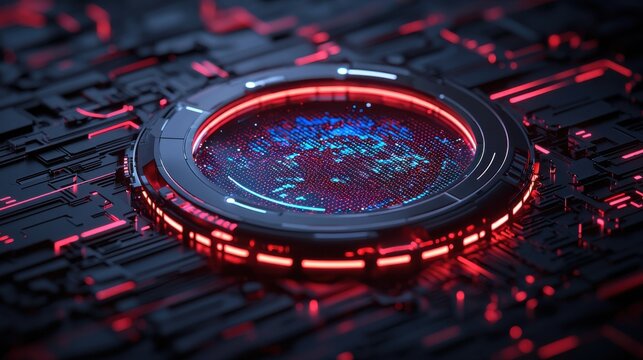 Futuristic cyber defense headquarters featuring a glowing digital interface holographic displays and a dark high tech background  This image represents advanced security systems data monitoring