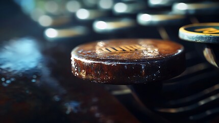 Close-up of a vintage typewriter key with water droplets, showcasing detailed texture and reflections