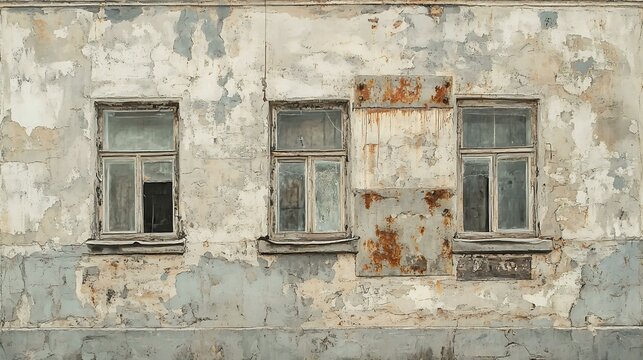 A hyperrealistic old Eastern European gray tenement house from the 1940s, with textured concrete walls and rust stains