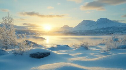 Obraz premium A serene snowy landscape with mountains and trees under a warm sunset sky