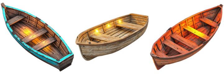 Three Unique Wooden Boats with Distinct Colors and Designs