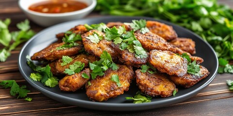 Fototapeta premium Fried plantains, cilantro, sauce, wood table. Recipe