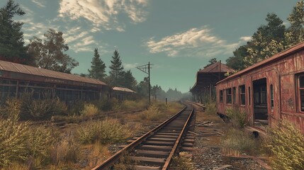 A post-apocalyptic industrial train station with broken tracks, rusted carriages, and overgrown vegetation