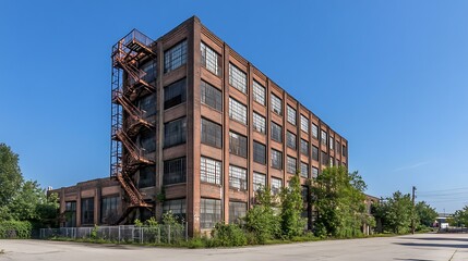 A tall industrial building with a fire escape zigzagging down the side, its rusted metal contrasting against the brick facade