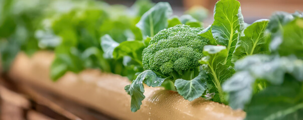 Close up of broccoli plant with lush green leaves in garden setting