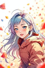 anime girl with blue hair and blue eyes in a field of flowers