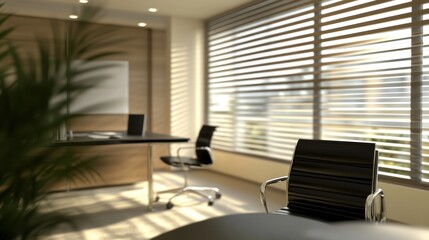 Fototapeta premium Modern office interior featuring sleek furniture, large windows with blinds, and a calm atmosphere, ideal for productivity and creativity