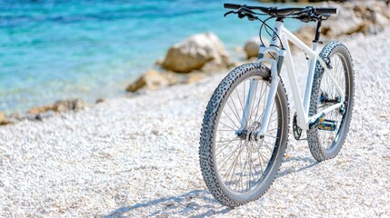 Fototapeta premium White Mountain Bike on Sandy Beach