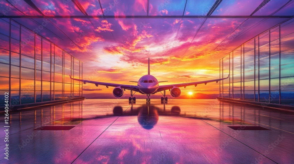 Poster beautiful sunset view with airplane at airport terminal showcasing vibrant colors and reflections on