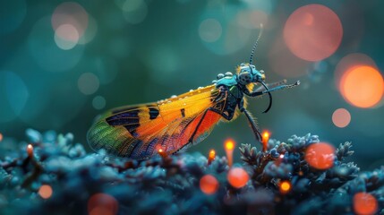 A colorful insect with rainbow wings and glowing eyes