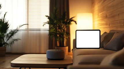 Fototapeta premium modern home automation concept, smart speaker and ambient lighting in a cozy living room, blank screen on a smart device to add text