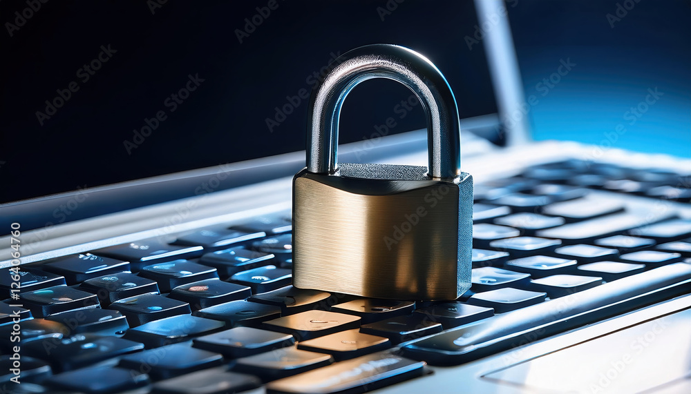 Poster close up of shiny padlock resting on sleek computer keyboard, symbolizing internet security and prot