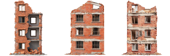 Detailed view of three stages of a building's destruction process