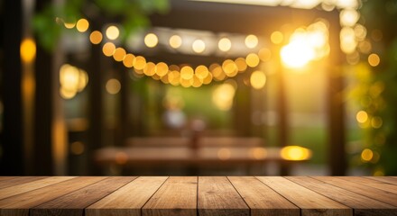 Warm Evening Ambiance: A rustic wooden table sits in the foreground, offering a product placement space. The background is a softly blurred scene of a patio bathed in the golden light of sunset.