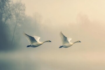 Obraz premium Two Swans Soaring Over Misty Winter Landscape