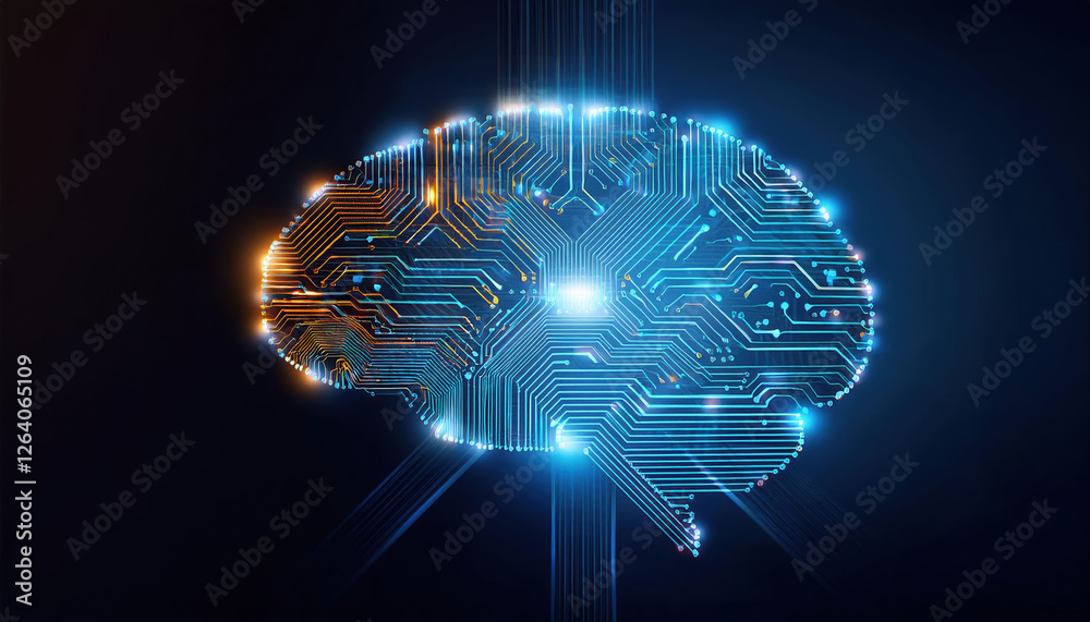 Poster digital brain with circuits and glowing nodes representing ai and automation