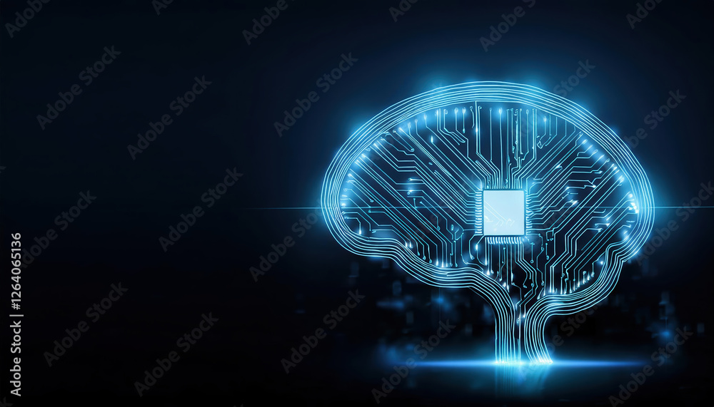 Poster digital brain with interconnected circuits and glowing nodes symbolizes ai and automation, showcasin