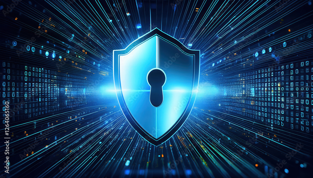 Poster futuristic digital landscape featuring glowing shield symbolizing cyber security, surrounded by data