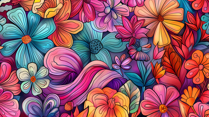 Vibrant floral pattern with colorful flowers and leaves intertwined, creating a lively background scene