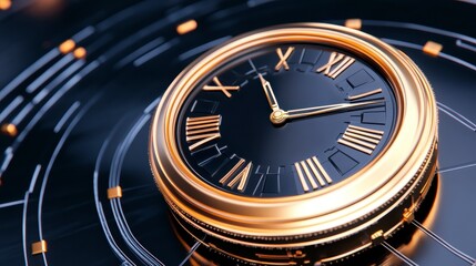 Elegant Gold and Black Clock with Roman Numerals and Modern Design