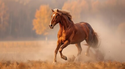Obraz premium A brown horse running in a field
