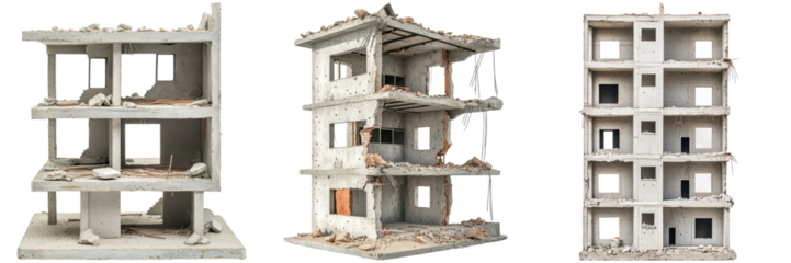 Abandoned Building Ruins with Exposed Structure and Debris