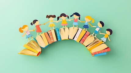 Colorful paper cut style depicting a bridge made of books connecting children from different countries symbolizing the power of education learning and global connection