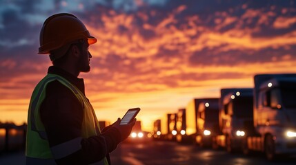 Fototapeta premium Sunset loveconnected industry worker using smartphone at trucking yard urban environment silhouette perspective