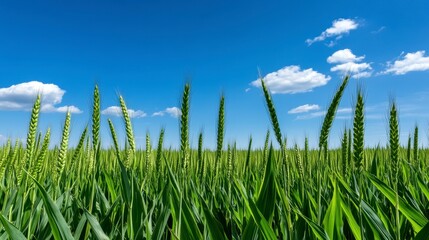 Fototapeta premium Vibrant Green Wheat Field Under Clear Blue Sky with Clouds