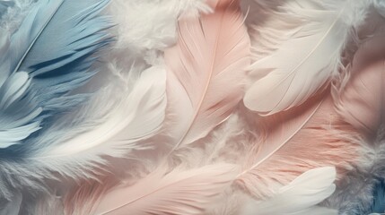 Fototapeta premium Pastel Feathers Texture: Soft, delicate pastel-colored feathers in shades of blush pink, dusty blue, and ivory create a luxurious and airy texture.