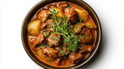 Fototapeta premium Delicious loveconnected beef stew recipe home kitchen food photography cozy atmosphere top-down view
