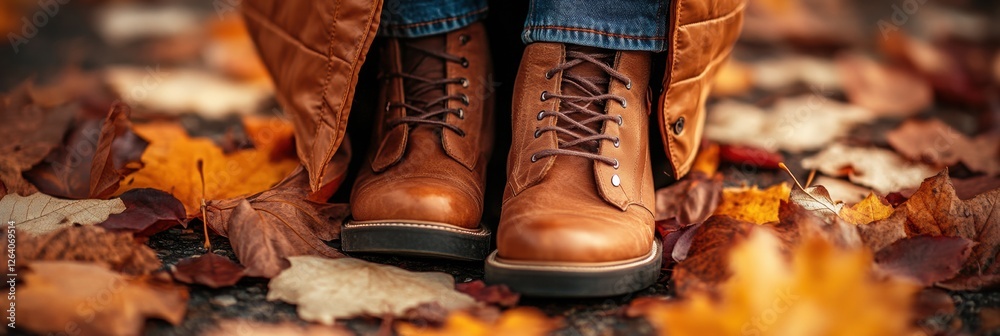 Fototapete brown leather boots on a path covered with colorful autumn leaves in a serene outdoor setting during