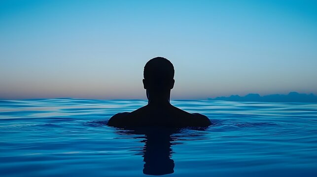 A minimalist scene where a man s silhouette embraces the purity of water in an and dynamic composition evoking feelings of brightness freshness and vitality