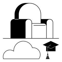 Minimalist black and white armchair, cloud, and graduation cap. Ideal for education themes, academic success, relaxation, dreams, motivation achievement comfort. Line metaphor