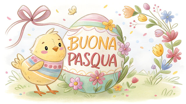 A charming Easter illustration featuring "Buona Pasqua" text, a cute baby chick, decorated egg, and floral details. Perfect for festive greetings, holiday cards, and seasonal celebrations