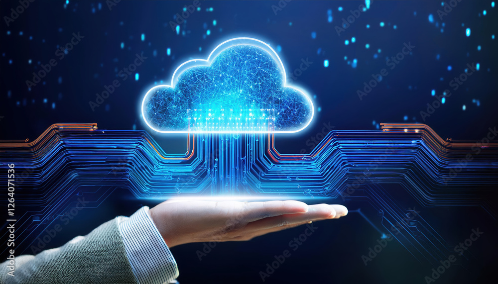Poster seamless data flow in cloud computing environment showcasing scalability and innovation