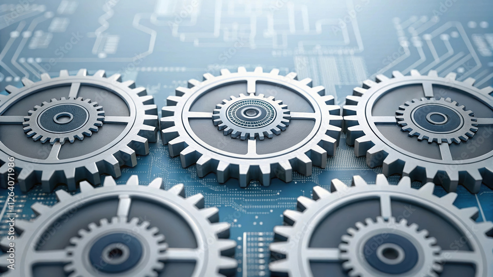 Poster gears on circuit board represent hyperautomation and technology integration