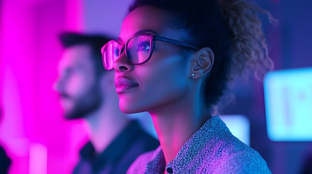 A team of savvy business professionals presenting a detailed demographic analysis and data driven insights with glowing pie charts bar graphs and audience personas on stylish office screens