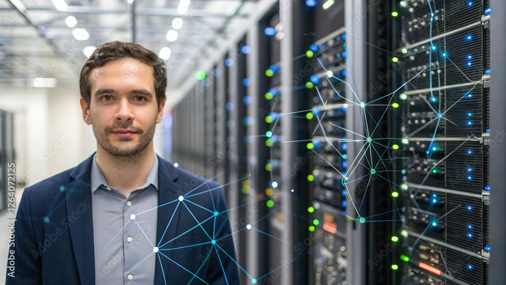 Poster image features man standing data center, surrounded by server racks, with visualization of ai algori